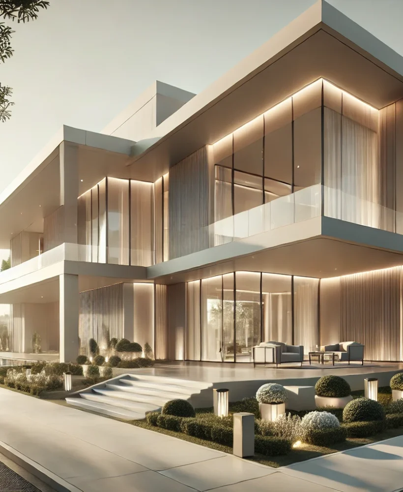 DALL·E 2025-01-05 13.23.16 - A stunning architectural design of a modern building with sleek lines, large glass windows, and a minimalist aesthetic in soft, neutral light colors.