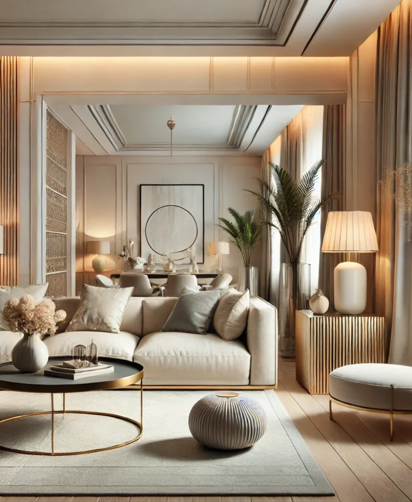 DALL·E 2025-01-05 13.25.46 - A luxurious and elegant interior design of a modern living room with minimalist furniture, soft neutral tones, and subtle accents of light colors. The