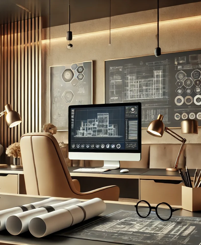 DALL·E 2025-01-05 13.27.04 - A professional project management setting in a contemporary office with a warm and neutral color scheme. The scene features a sleek workspace, bluepri