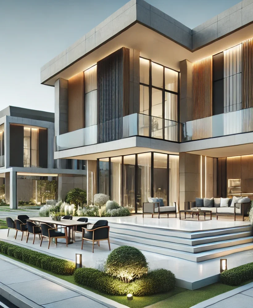 DALL·E 2025-01-05 13.28.53 - A completed turnkey project scene showcasing a modern building with sleek architectural lines, pristine landscaping, and a polished, high-quality fini